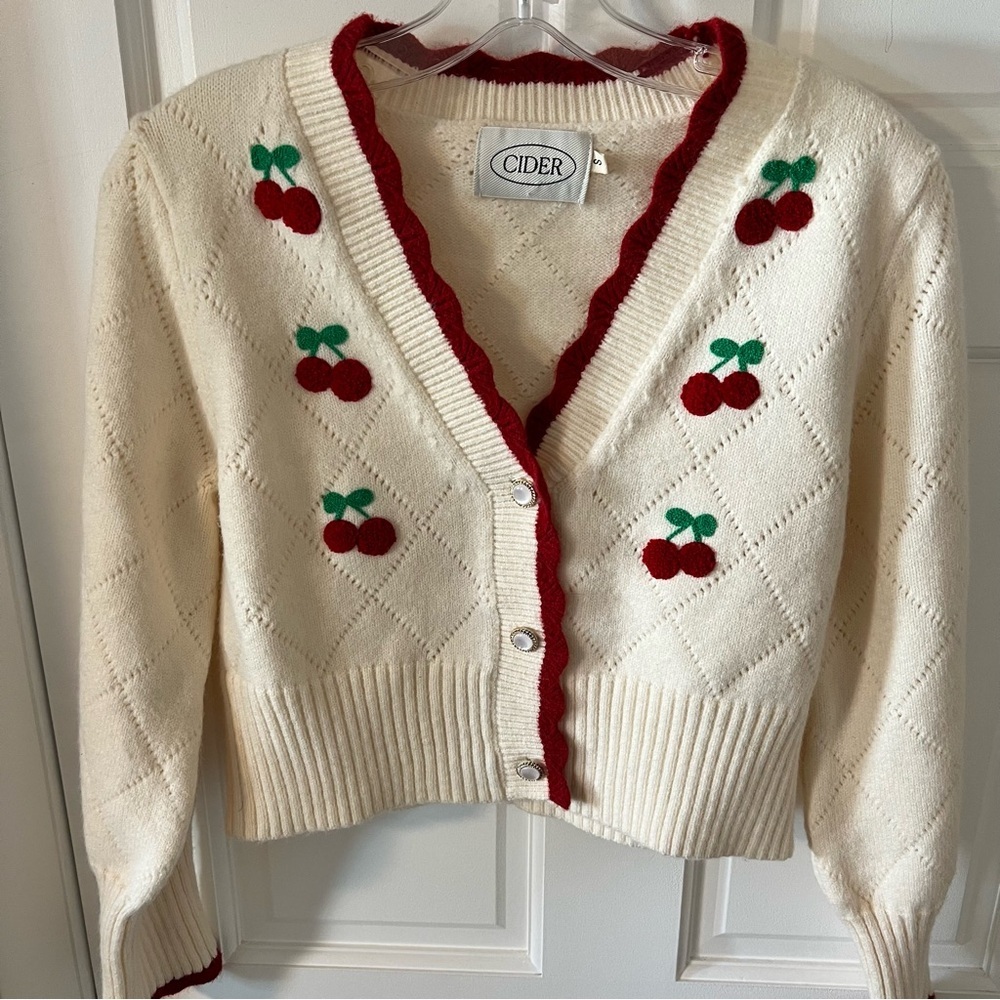 Cider Cream Cardigan with Red Cherry Embroidery
